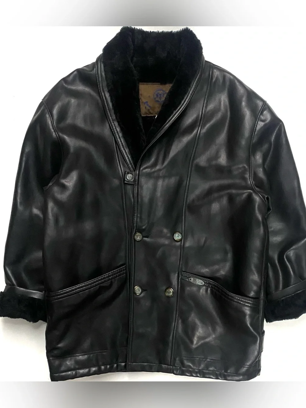 Vintage Marlboro Man Black Leather Suede Shearling Jacket Coat Made In Italy XL